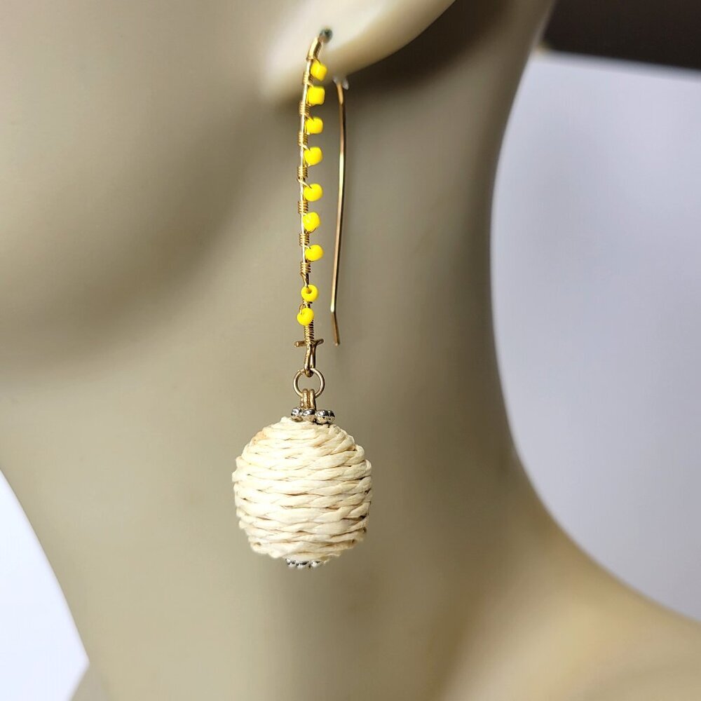 Yellow and Raffia Ball Earrings Large Hook Earrings